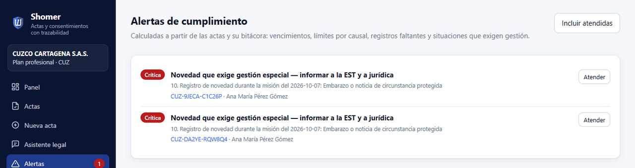 Alertas de cumplimiento en Shomer